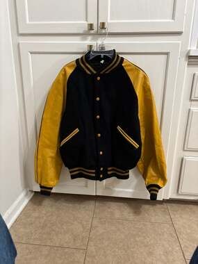 Vintage Butwin Wool and Leather Varsity Jacket Black and Yellow